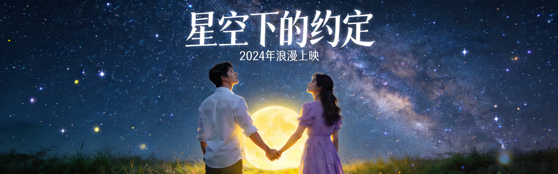 热门浪漫爱情电视剧《星空下的约定》海报，男女主角在夜晚星空下