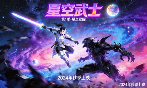 日本动漫《星空武士》海报，武士在绚烂星空下战斗的场景